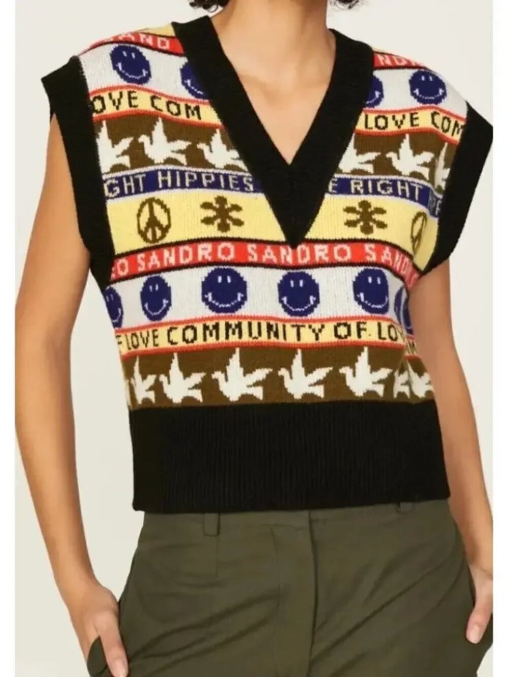 SANDRO Paris Connor Sweater Vest Luxe whimsical Smiley Peace Fairisle Wool 1 2